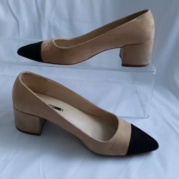 Zara Two-tone Microsued Block Heel Shoes In Tan and Black - Picture 2 of 10